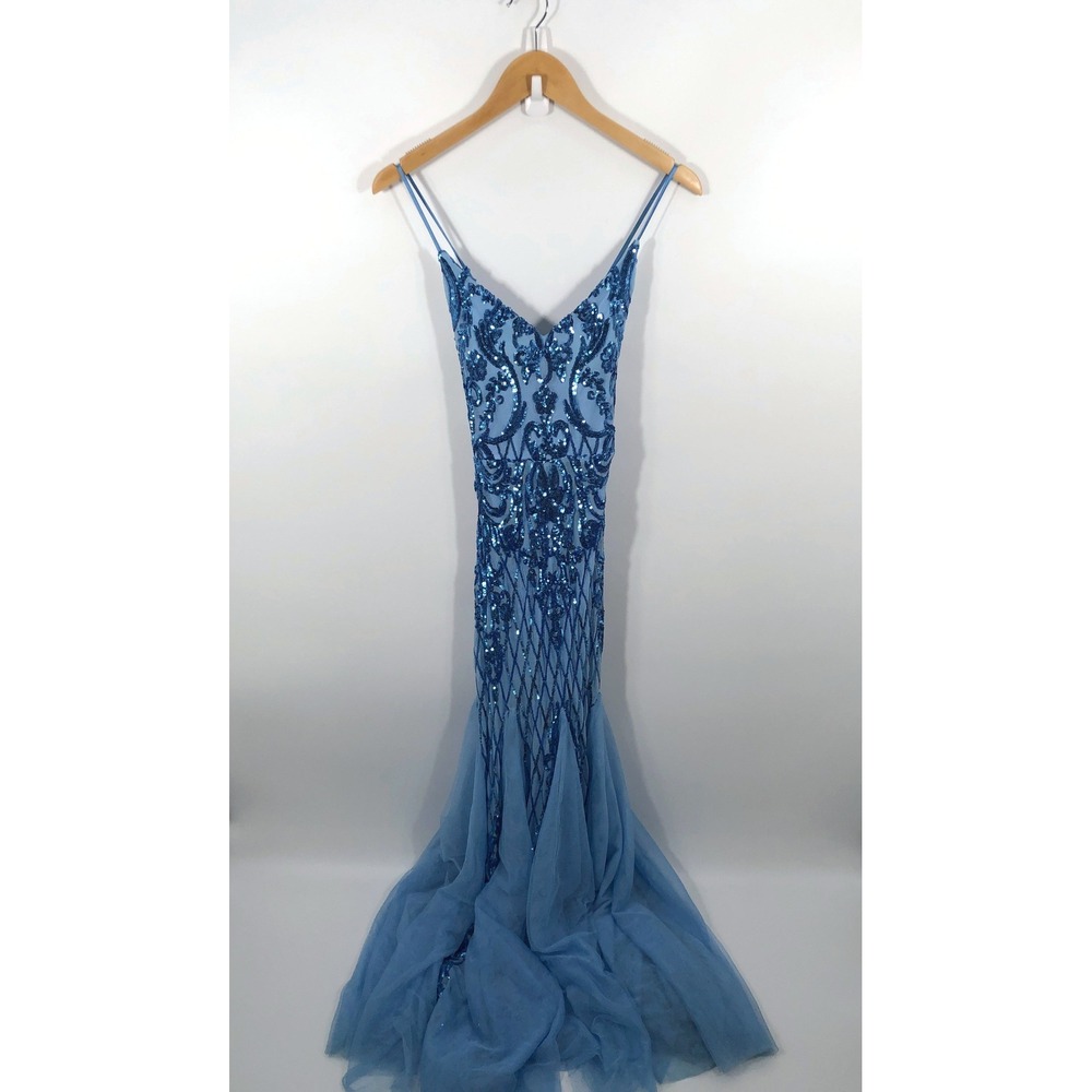 VTG Y2K Hoco Homecoming Dress XS Blue Sequins Sparkly Formal Event Guest Gala